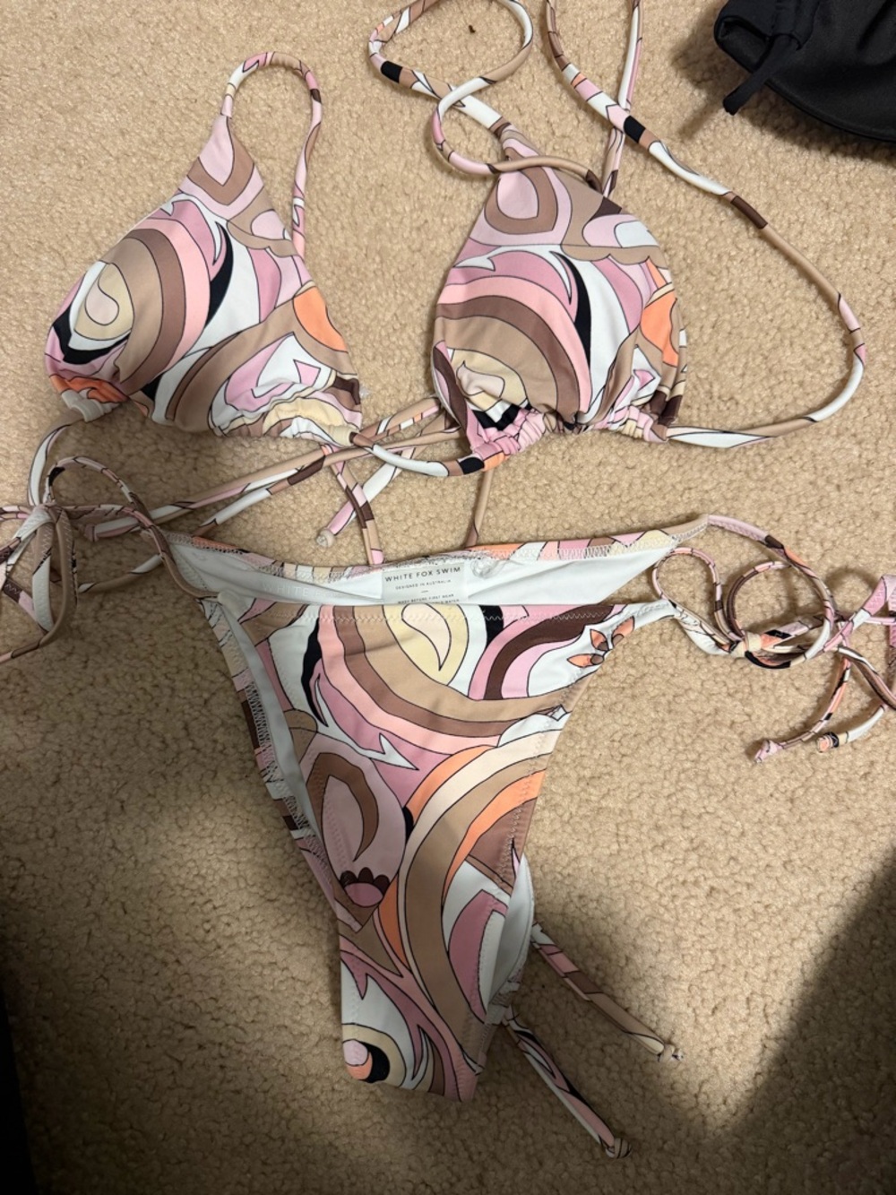 White Fox Boutique Pink, Brown & Cream Swirl String Bikini